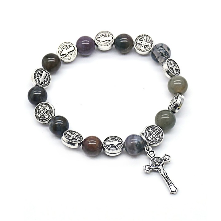 Bratara model religios, cu pandantiv cruce si accesorii tematice, elastica, unisex, multicolora, EFAYN