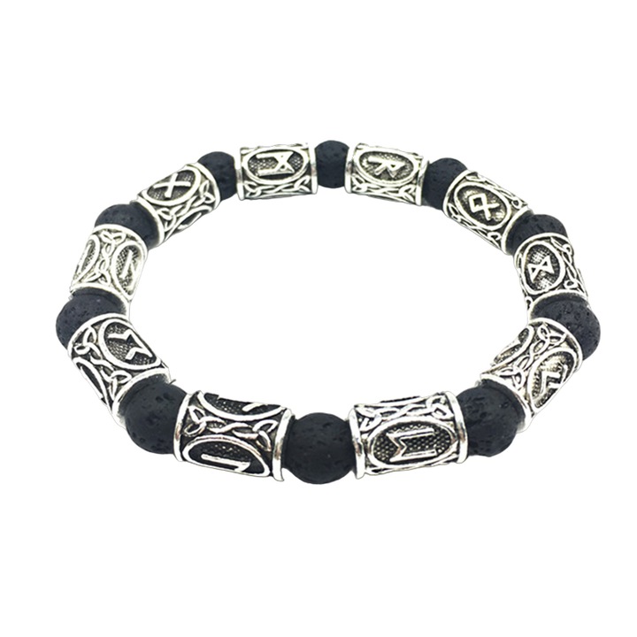 Karkötő viking rúnákkal, viking mitológia modell, vulkáni kőzetekkel, elasztikus, unisex, fekete, EFAYN