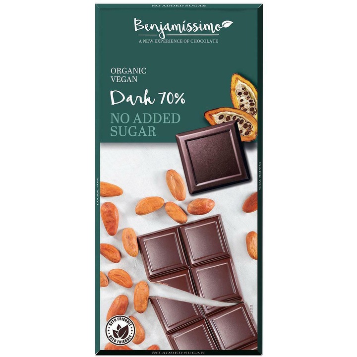 Ciocolata Neagra 70% Bio fara Zahar Benjamissimo, fara Gluten, 70g