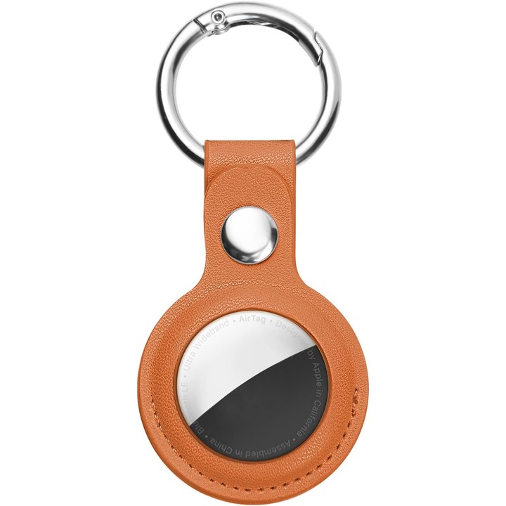 Husa de protectie pentru Airtag 2022, BOLONGKING, Piele, Portocaliu/Argintiu