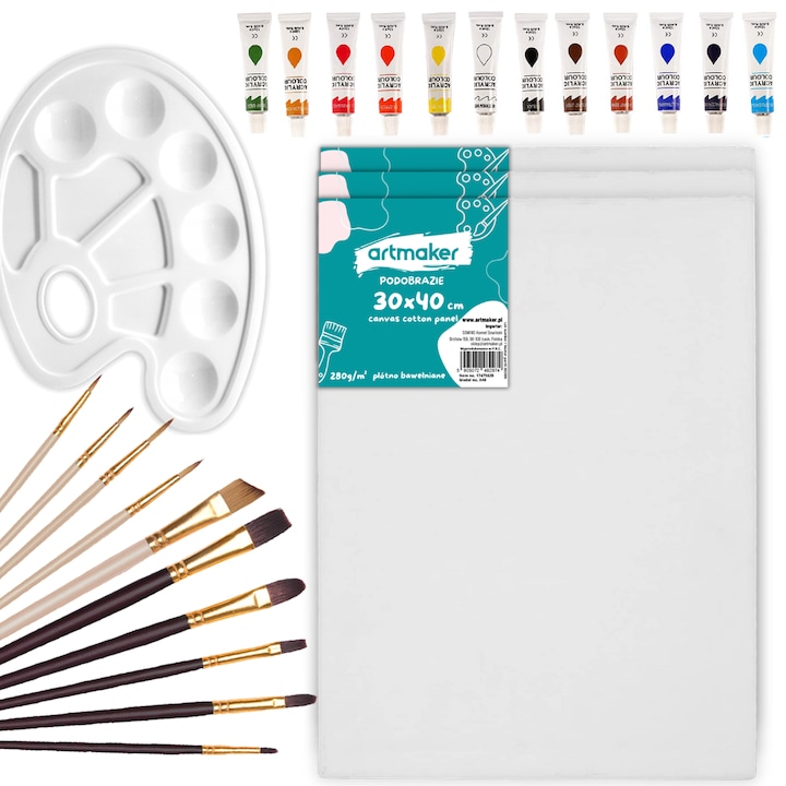 Set De Pictura, Artmaker, 26 Piese, Panza 30x40 cm, Vopsele Acrilice, Pensule, Paleta, Cadou Ideal, Pentru Copii Si Adulti, Stimuleaza Creativitatea, Relaxant, Gata De Pictat, Perfect Pentru Invatare Si Joaca