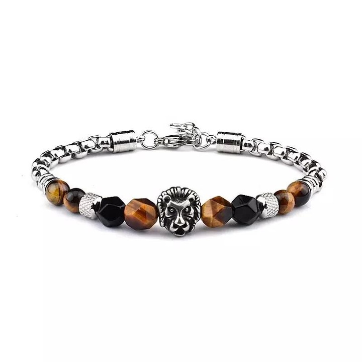 Bratara inox cu pietre semipretioase si Cap de Leu, BeSpecial, BIGO0041, Lungime 22 cm