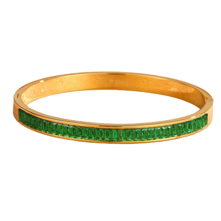 Дамска гривна Bangle, модел с кристали със сапфирен ефект, фиксирана, циркон, неръждаема стомана, магнитно затваряне, 18K позлатено покритие, Tessero, златист/зелен