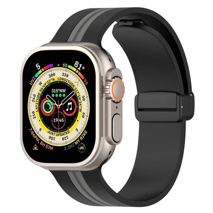 Curea smartwatch D-Buckle Two-Tone, compatibila cu Apple Watch 1 2 3 4 5 6 7 SE 8 Ultra, 42 44 45 49 mm, silicon magnetic, negru cu dunga gri pe mijloc