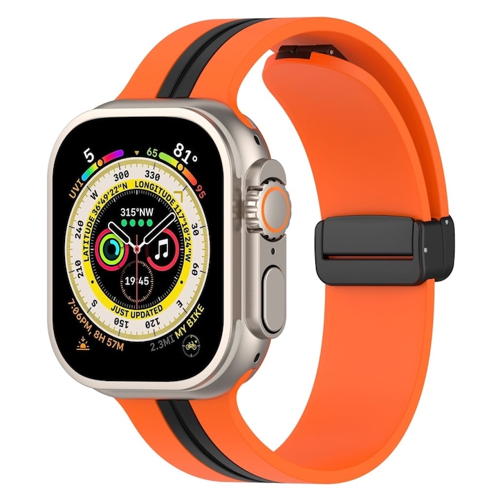 Curea smartwatch D-Buckle Two-Tone, compatibila cu Apple Watch 1 2 3 4 5 6 7 SE 8 Ultra, 42 44 45 49 mm, silicon magnetic, portocaliu cu dunga neagra pe mijloc