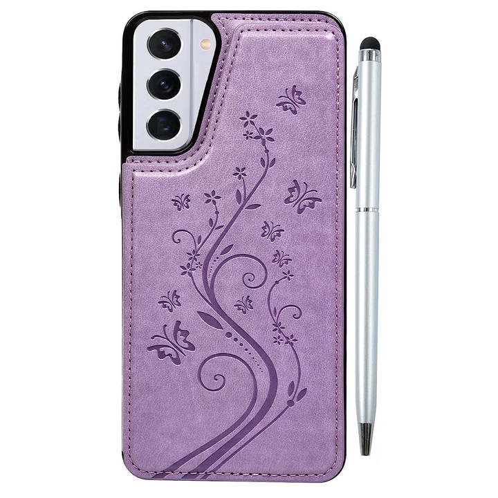 Кожен калъф за Galaxy S21, магнитно закопчаване, включена специална химикалка, функция стойка, лилаво