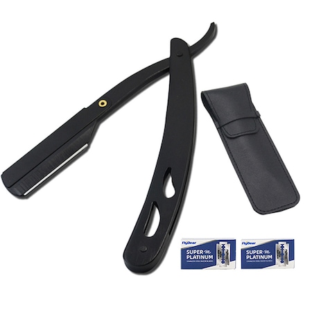Set brici barbierit + 20 de lame de ras, NUODWELL, Otel inoxidabil, cu carcasa din piele, antirugina si indestructibil, pliabil si usor de transportat, potrivit pentru calatorii, cazare la hotel, negru