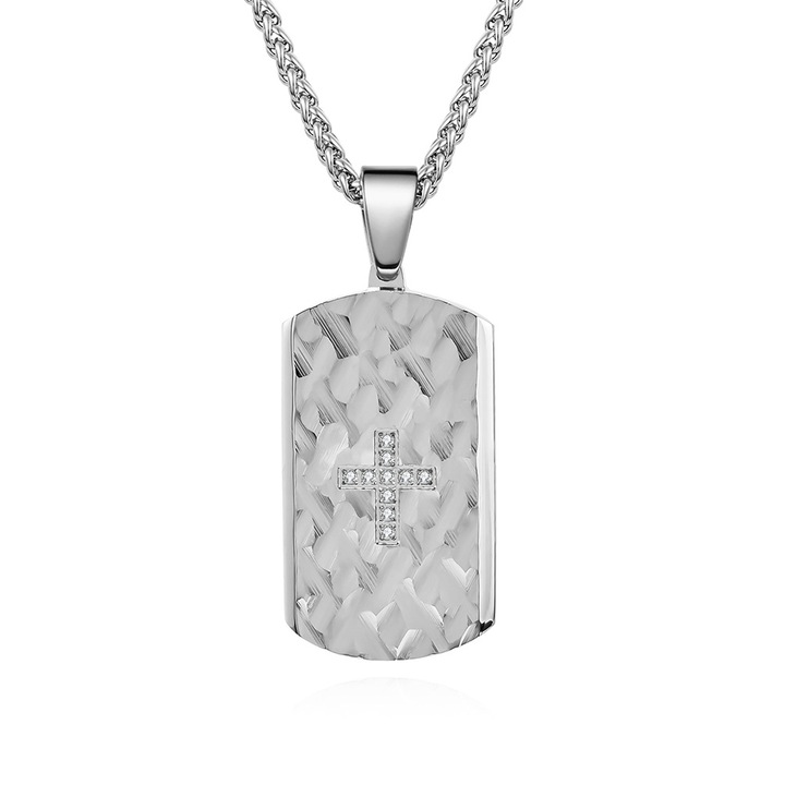 Lantisor cu pandantiv placuta army, dog tag cu model in forma de cruce, pietre zirconiu, otel inoxidabil, Tessero, argintiu