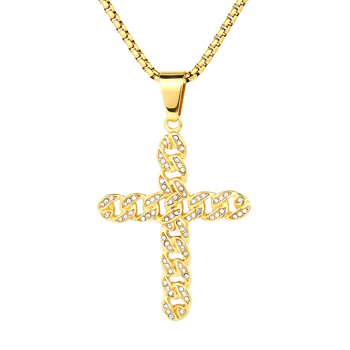 Lantisor design cubic cu pandantiv in forma de cruce realizata din lant Cuban Chain, pietre zirconiu, otel inoxidabil, placat cu aur 18k, Tessero, auriu