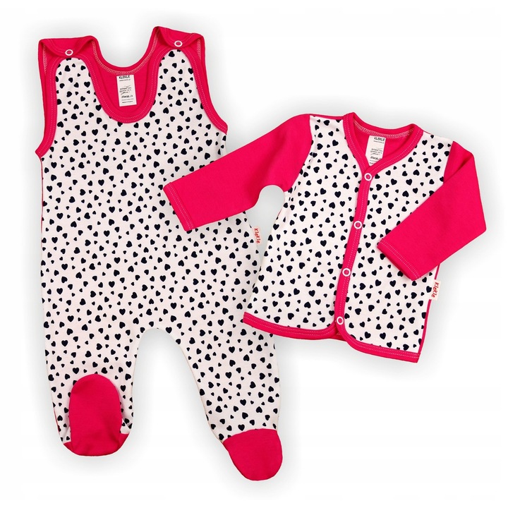 Set salopeta si bluza, model Inimioare, KLEKLE, Rosu/Alb