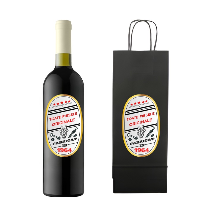 Set personalizat sticla de vin rosu, demisec, Feteasca Neagra, 750 ml si punga de cadouri cu imprimeu Toate piesele originale, fabricat in 1964