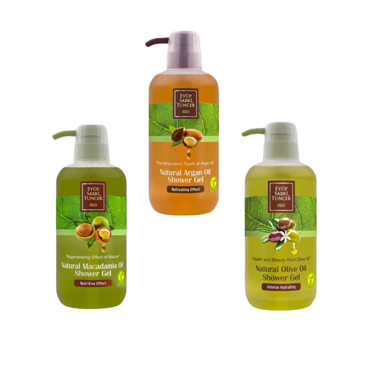 Szett Eyup Sabri Tuncer Olive Oil tusfürdő 600 ml, Macadamia tusfürdő 600 ml, Argan tusfürdő 600 ml