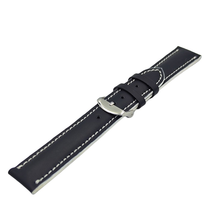 Curea ceas artizanat, piele naturala neagra, cusatura alba