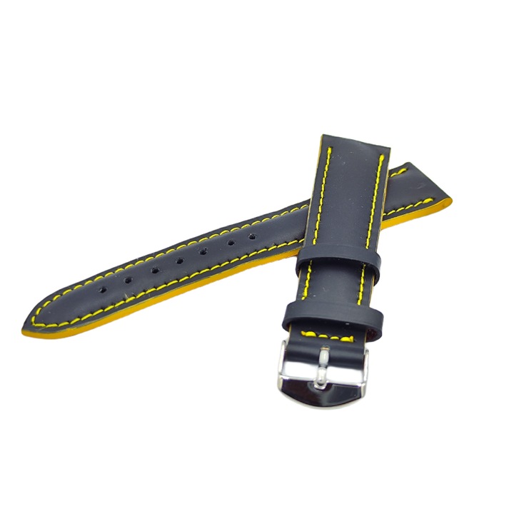 Curea ceas artizanat, piele naturala neagra, cusatura galbena, 20mm