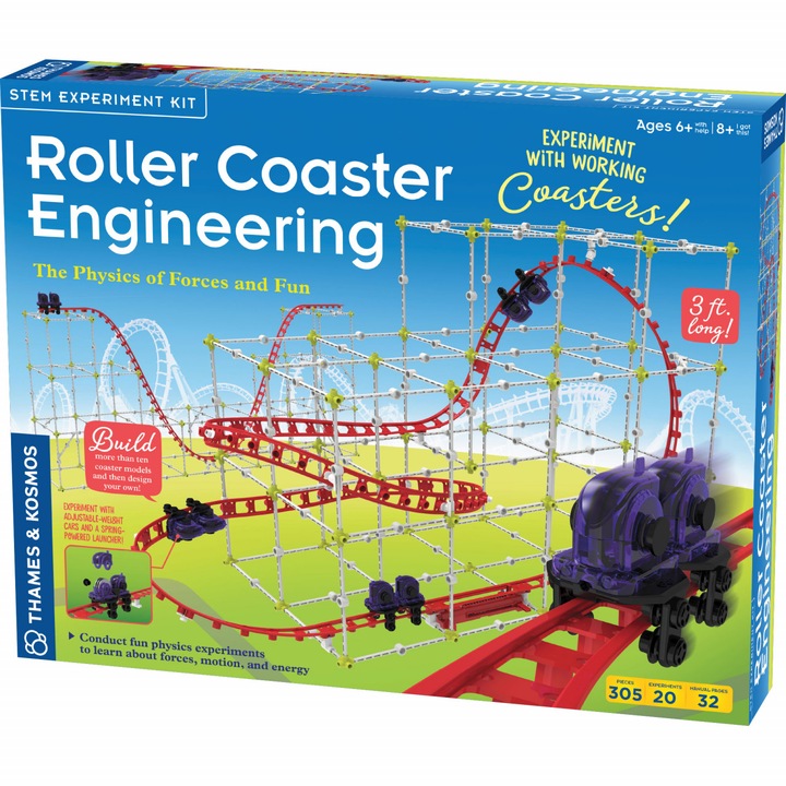 Kit STEM Inginerie pentru roller coaster, Thames & Kosmos, 305 piese, manual colorat, pentru 6+ ani