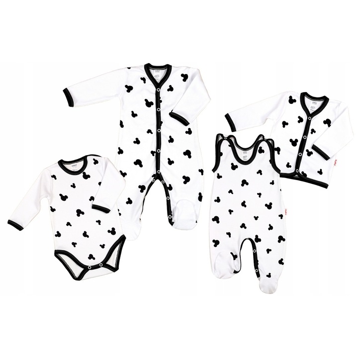 Set 4 piese pentru copii, Salopeta, bluza, body, Klekle, Model mouse, Bumbac, Alb/Negru, 68 cm