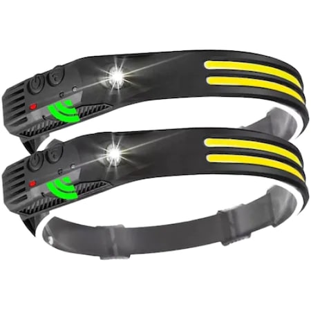 Set 2 buc Lanterna de cap LED sursa banda 2 x COB, profesionala, acumulator 1200mah, senzor miscare, lumina alb, galben, silicon, negru