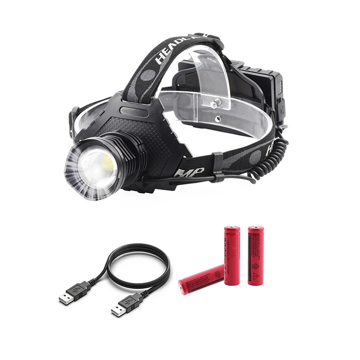 Lanterna de cap LED Profesionala GLIMATECH, 5 Moduri de lumina alba, 20000 lumeni, Rezistenta la apa, Zoom Telescopic, Indicator baterie, Acumulatori inclusi, Functie powerbank, Negru