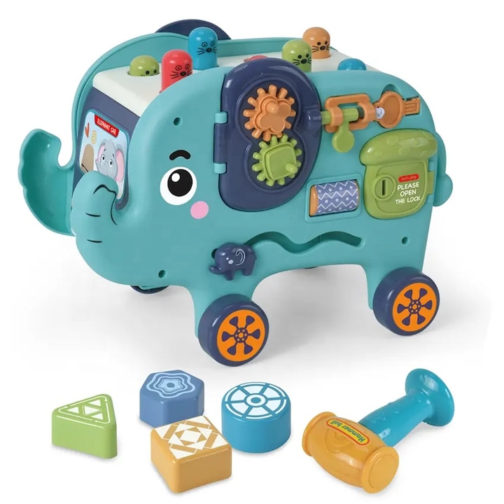 Jucarie educativa si interactiva tip centru de activitati si joaca in forma de elefant cu ciocanel, 26×16cm