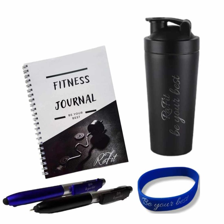 Шейкър комплект от неръждаема стомана, Фитнес дневник, химикал 4 в 1 и силиконова гривна, черен, RoFit