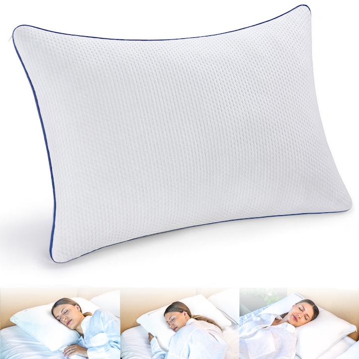 Perna ortopedica pentru dormit ajustabila NextWave, Spuma cu Memorie Maruntita pentru Gat si Suport Cervical, 2 Zone de Confort, Husa lavabila, Ideala pentru dormitul lateral, spate sau stomac, alb