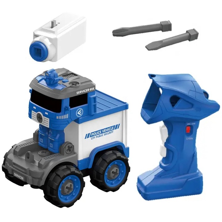 Jucarie educativa camion transformer robot demontabil cu bormasina, 30 de piese, STEM educativa, albastra, 17x28 cm