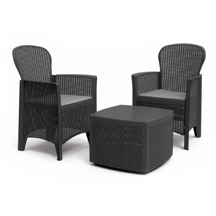 Set mobilier de gradina - terasa cu 2 fotolii si masa, ratan, Tree, antracit