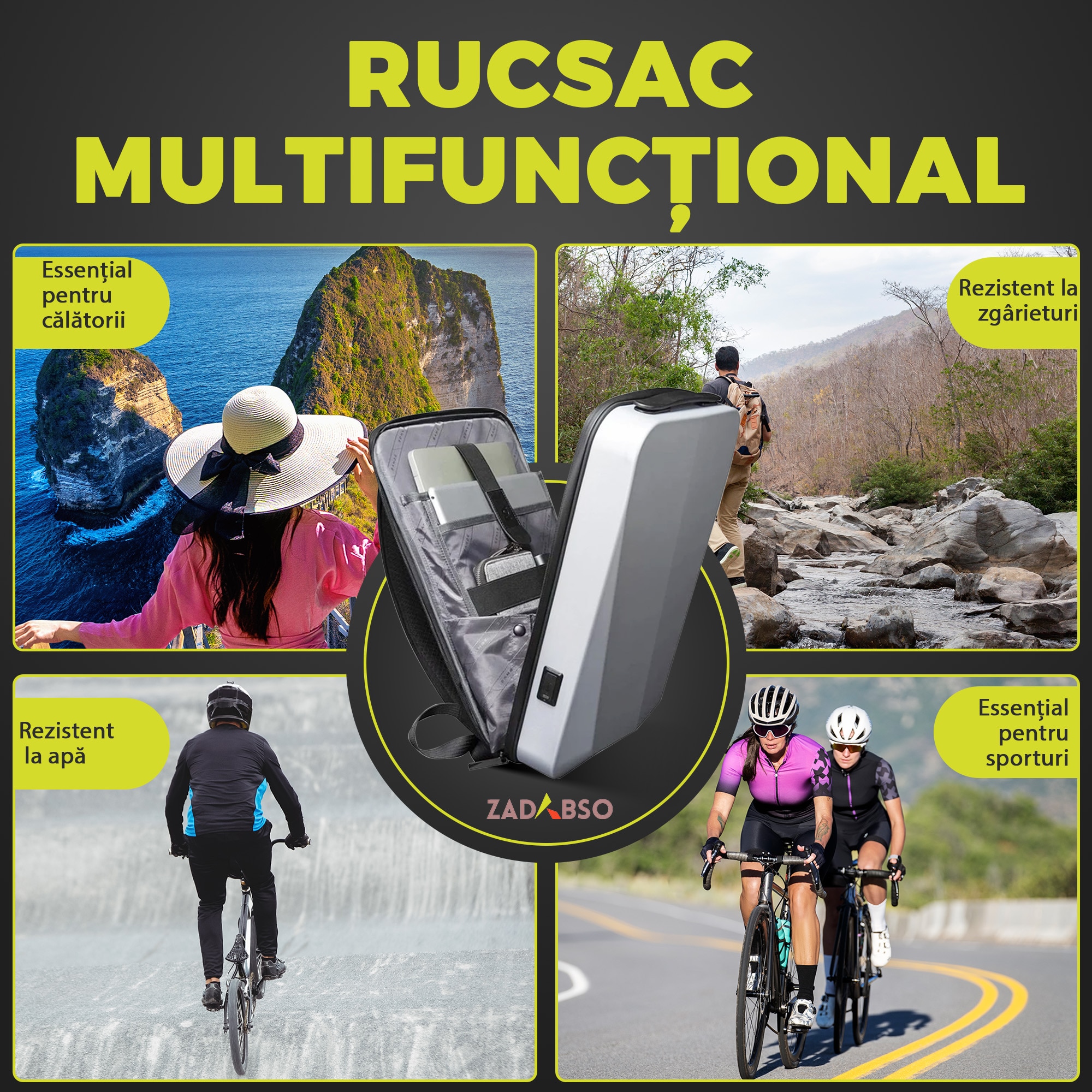Rucsac Laptop 15.6" Smart Business, Zadabso®, cu Cifru, USB, Impermeabil, Carcasa Rigida, Sistem Antifurt, Gri