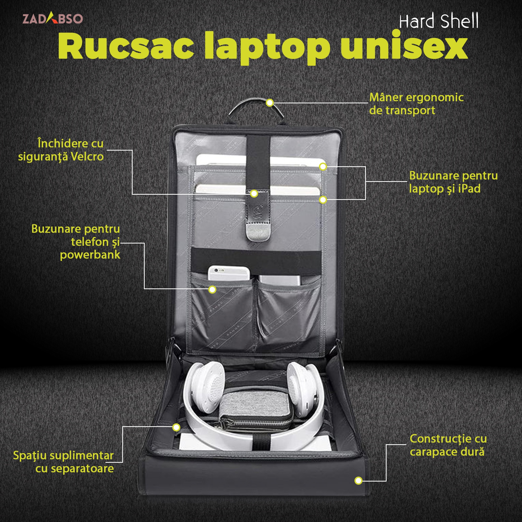 Rucsac Laptop 15.6" Smart Business, Zadabso®, cu Cifru, USB, Impermeabil, Carcasa Rigida, Sistem Antifurt, Gri