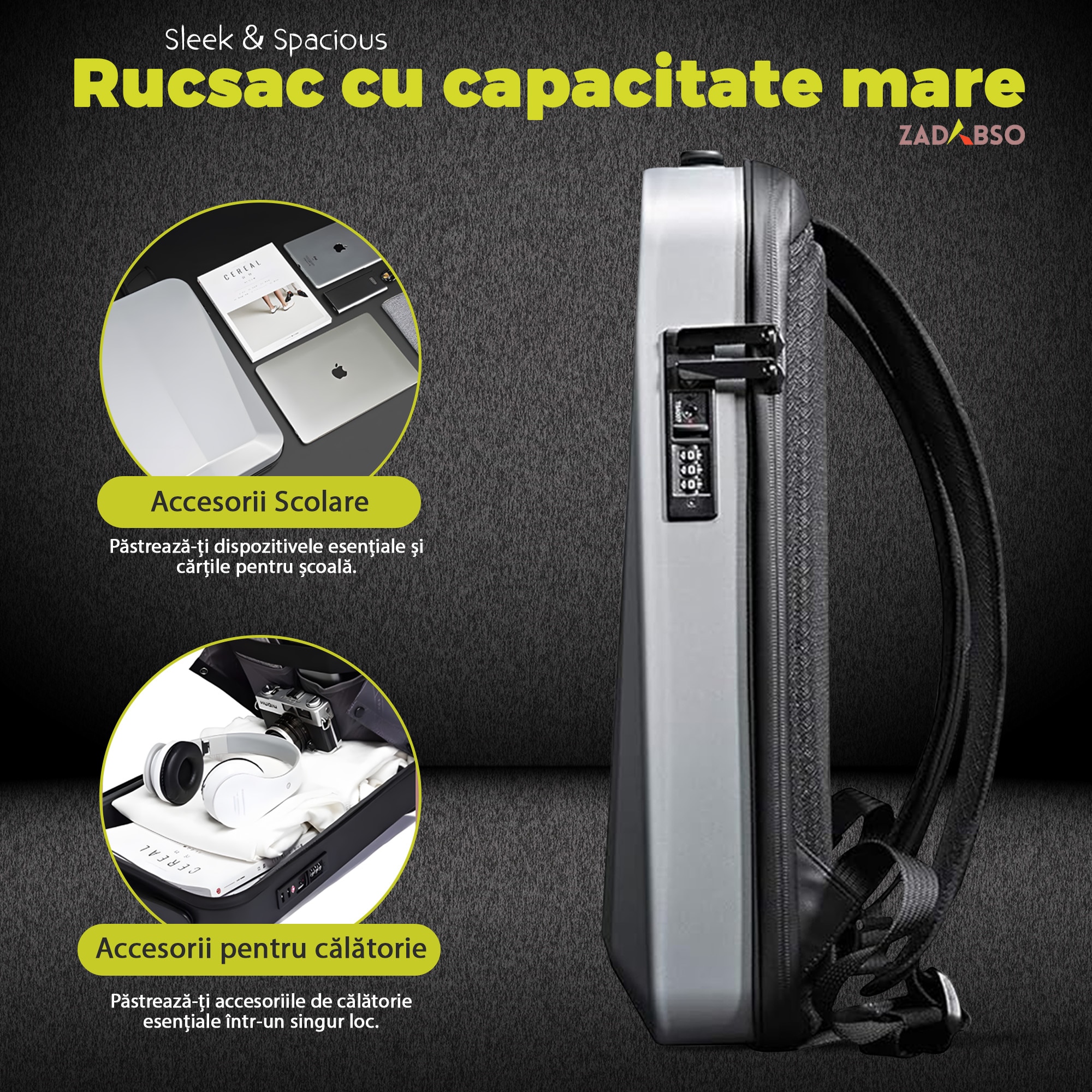 Rucsac Laptop 15.6" Smart Business, Zadabso®, cu Cifru, USB, Impermeabil, Carcasa Rigida, Sistem Antifurt, Gri