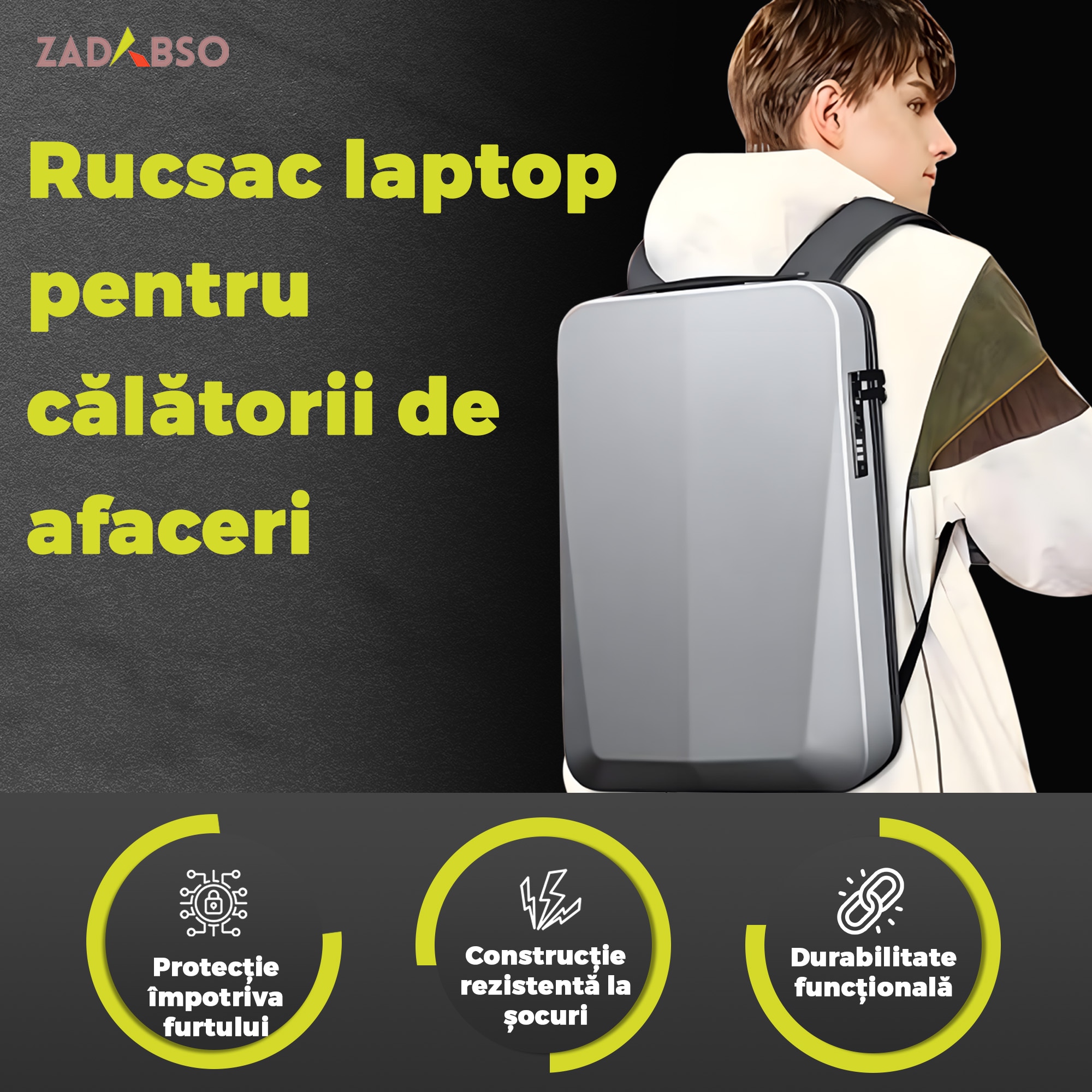 Rucsac Laptop 15.6" Smart Business, Zadabso®, cu Cifru, USB, Impermeabil, Carcasa Rigida, Sistem Antifurt, Gri
