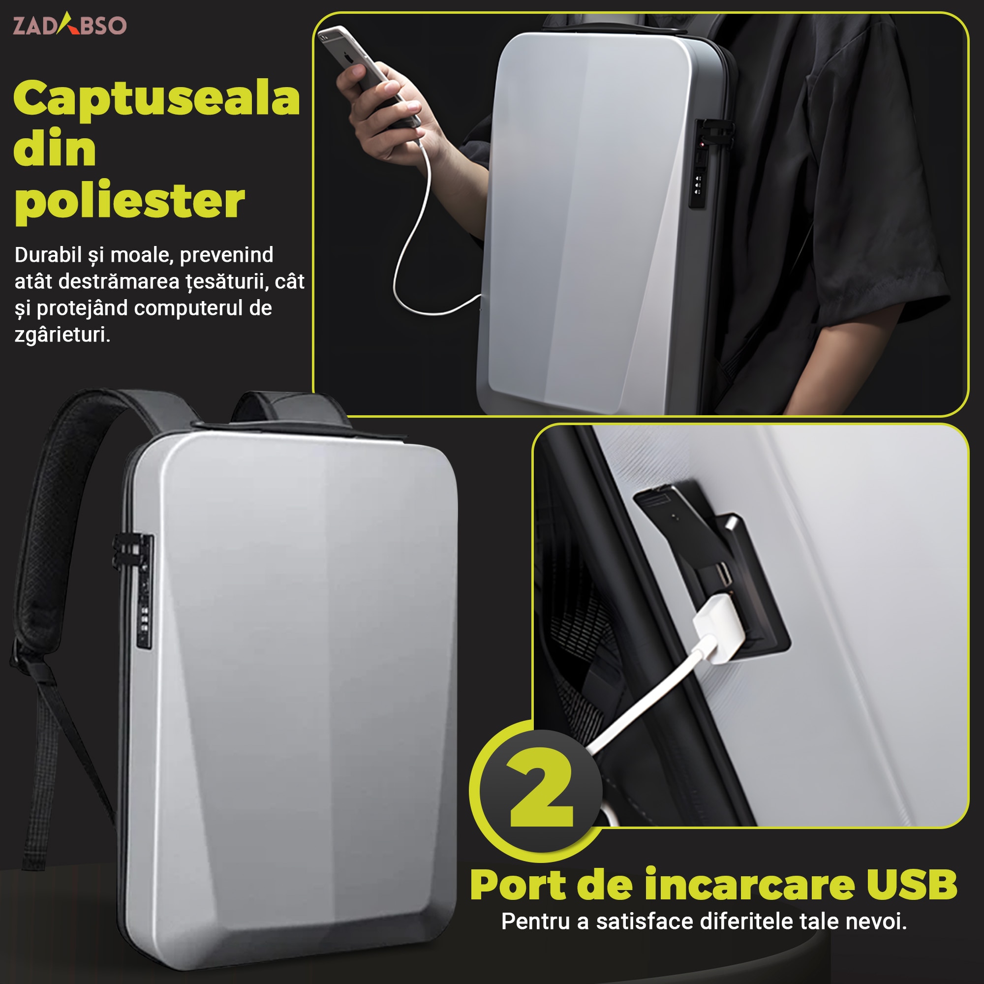 Rucsac Laptop 15.6" Smart Business, Zadabso®, cu Cifru, USB, Impermeabil, Carcasa Rigida, Sistem Antifurt, Gri