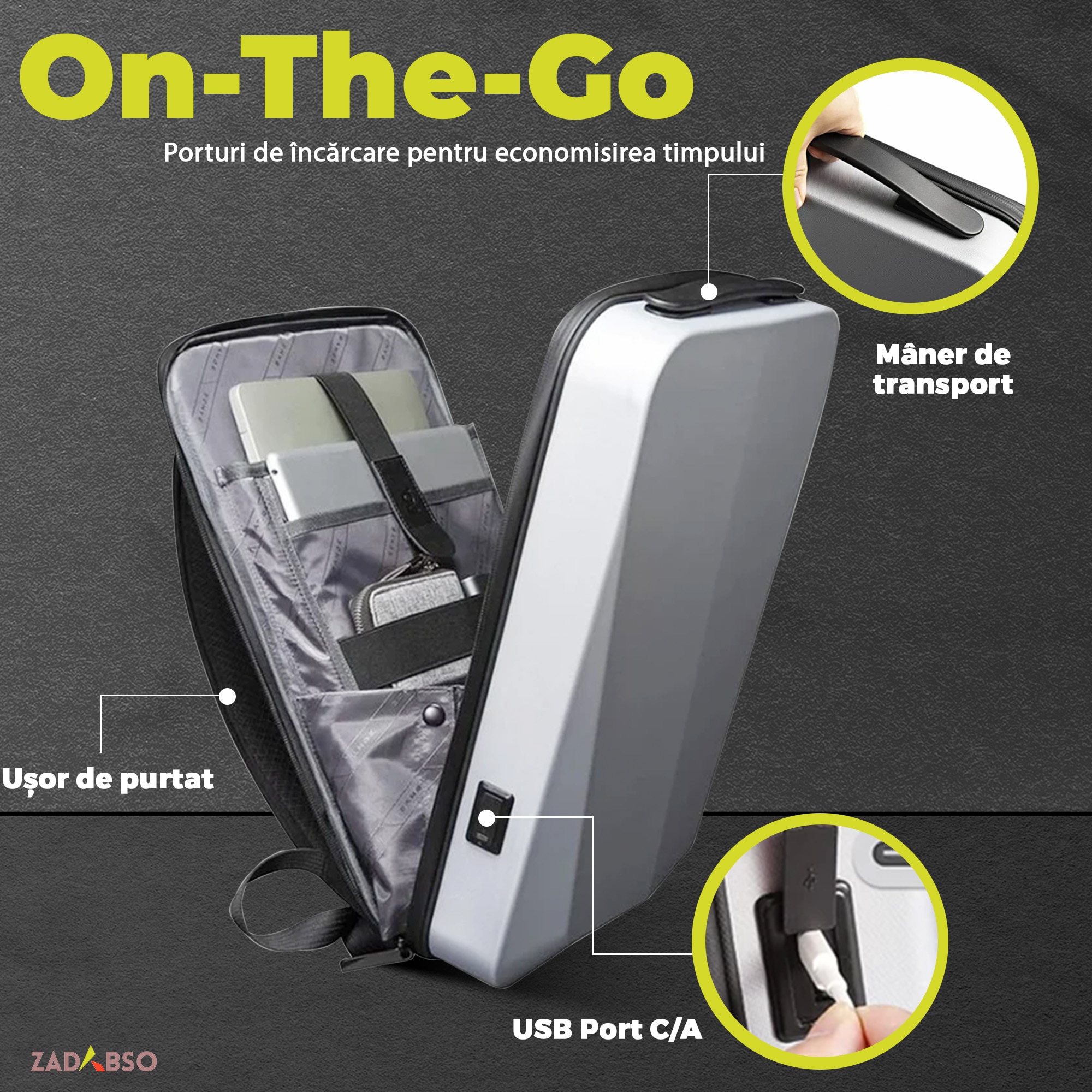 Rucsac Laptop 15.6" Smart Business, Zadabso®, cu Cifru, USB, Impermeabil, Carcasa Rigida, Sistem Antifurt, Gri