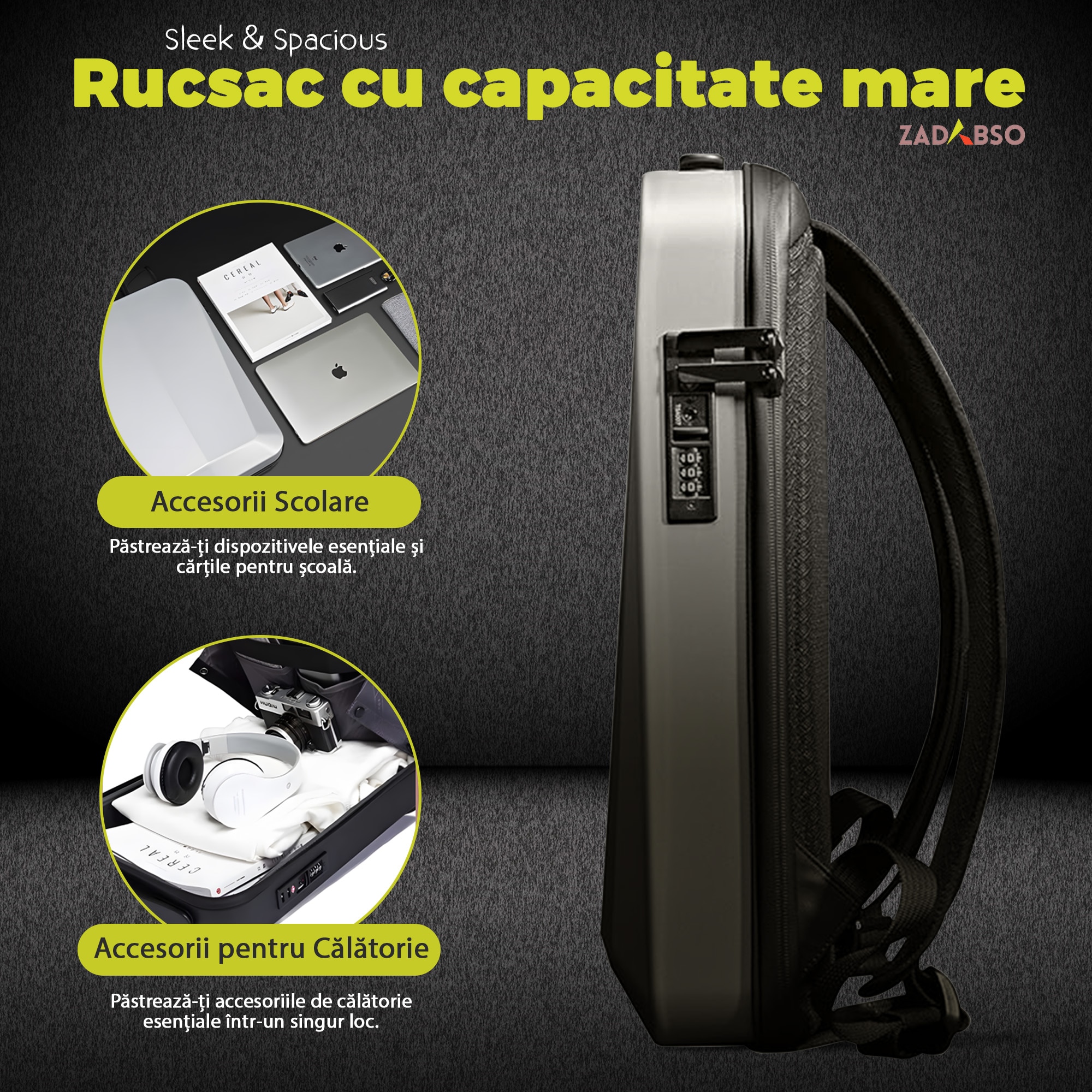 Rucsac Laptop 15.6" Smart Business, Zadabso®, cu Cifru, USB, Impermeabil, Carcasa Rigida, Sistem Antifurt, Titan