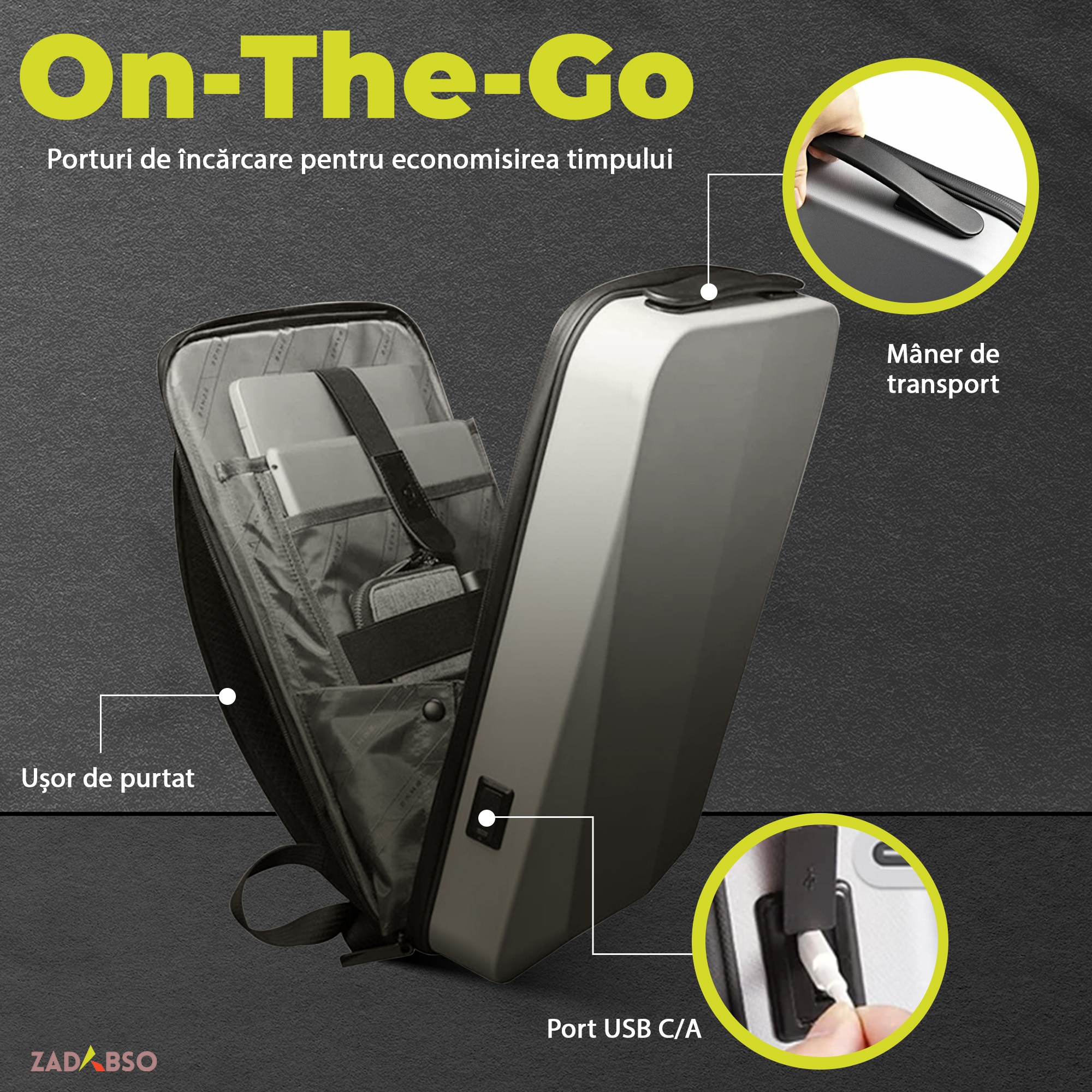 Rucsac Laptop 15.6" Smart Business, Zadabso®, cu Cifru, USB, Impermeabil, Carcasa Rigida, Sistem Antifurt, Titan