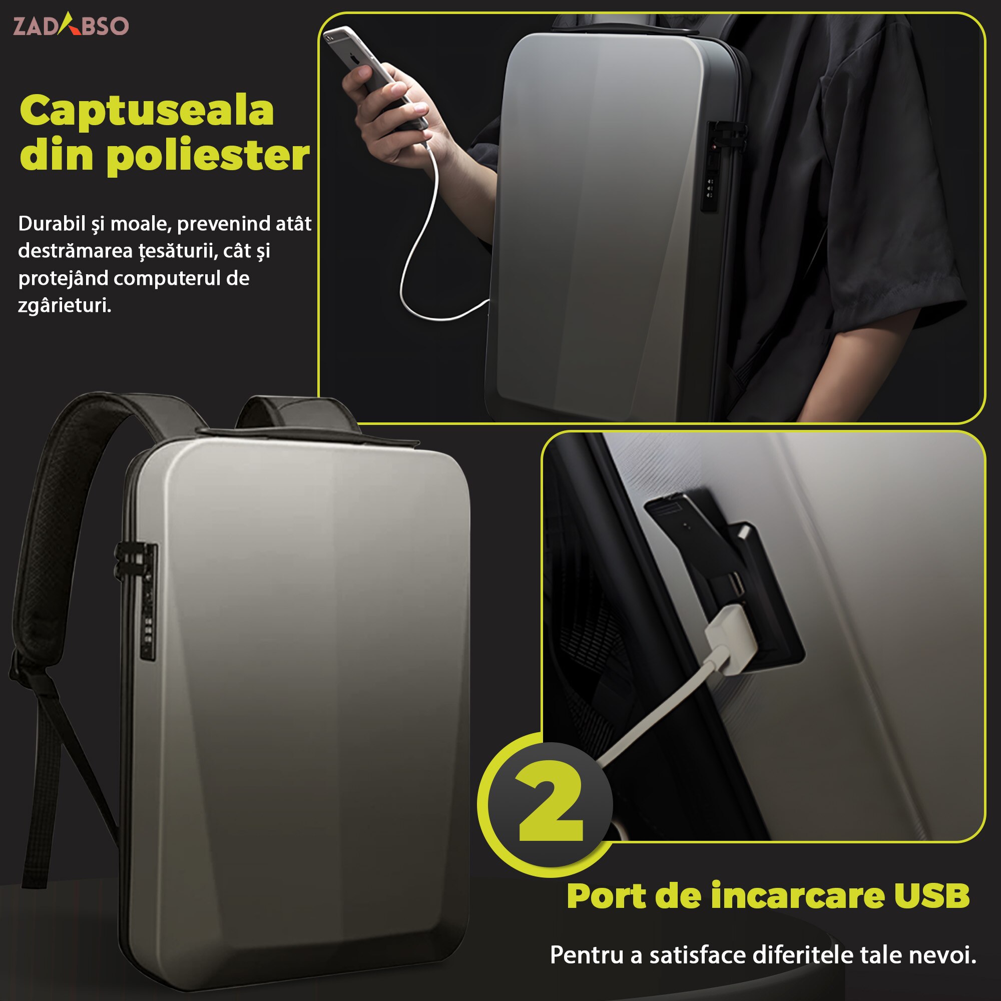 Rucsac Laptop 15.6" Smart Business, Zadabso®, cu Cifru, USB, Impermeabil, Carcasa Rigida, Sistem Antifurt, Titan