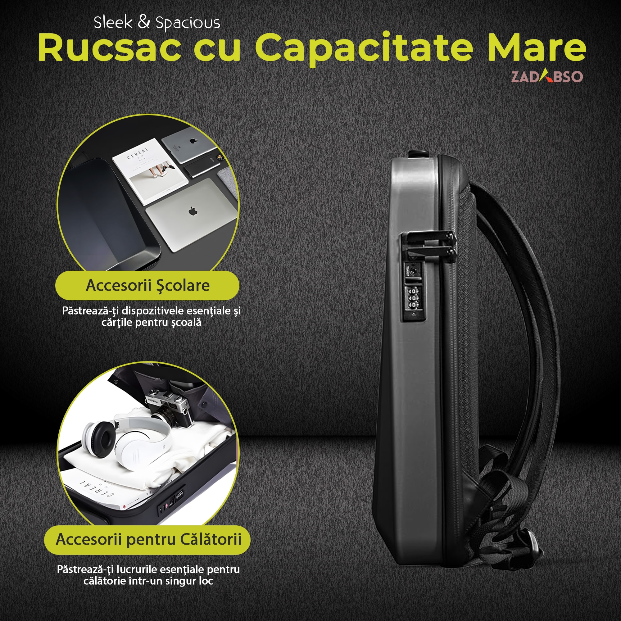 Rucsac Laptop 15.6" Smart Business, Zadabso®, cu Cifru, USB, Impermeabil, Carcasa Rigida, Sistem Antifurt, Negru
