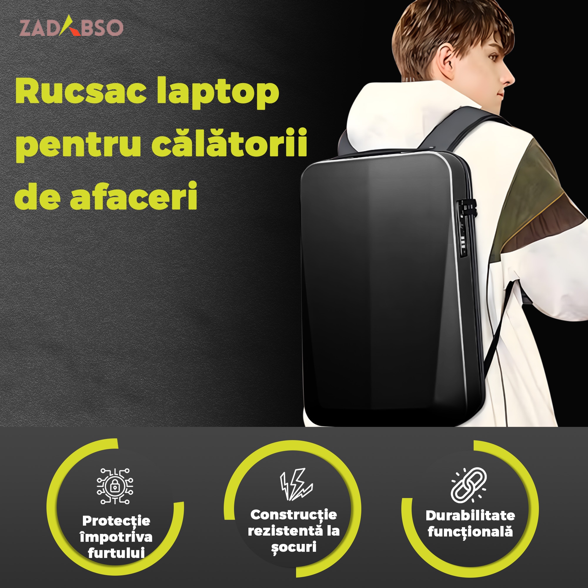 Rucsac Laptop 15.6" Smart Business, Zadabso®, cu Cifru, USB, Impermeabil, Carcasa Rigida, Sistem Antifurt, Negru