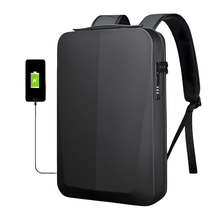Rucsac Laptop 15.6" Smart Business, Zadabso®, cu Cifru, USB, Impermeabil, Carcasa Rigida, Sistem Antifurt, Negru