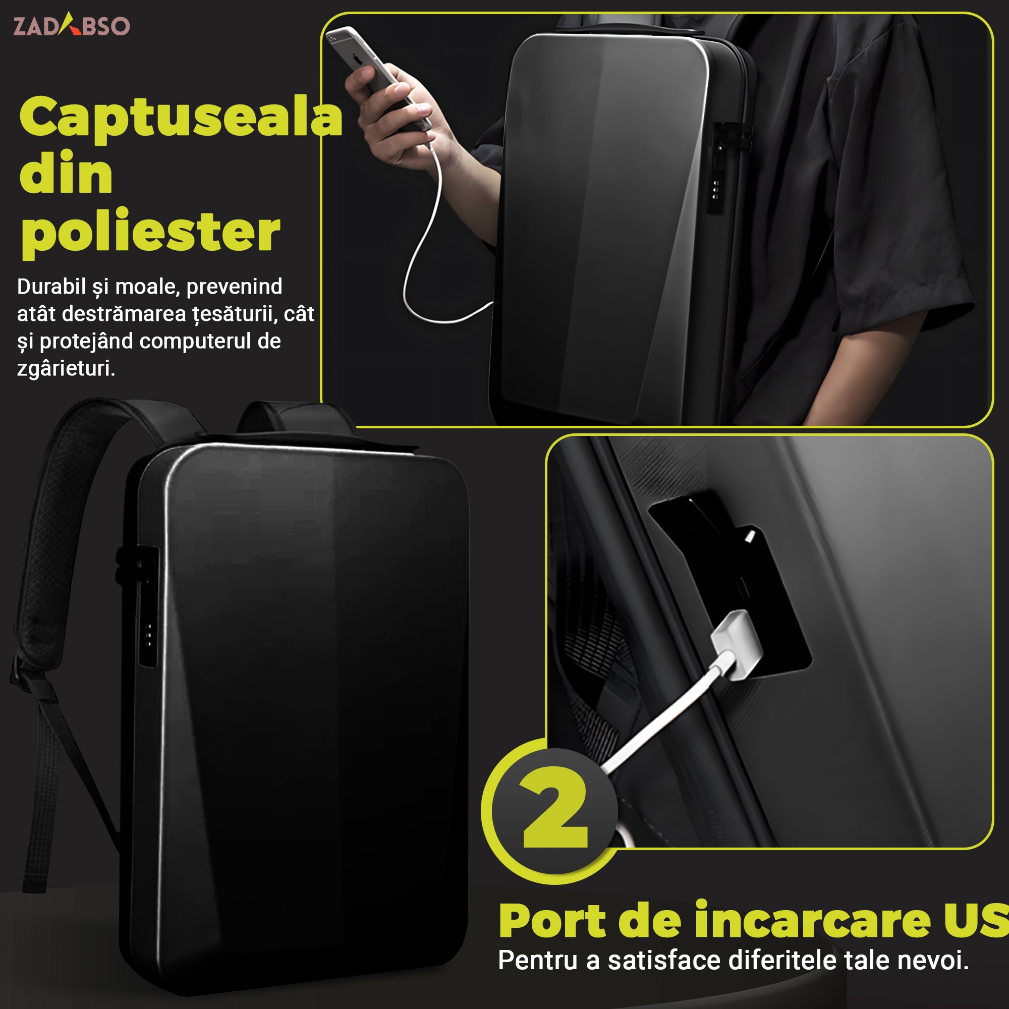 Rucsac Laptop 15.6" Smart Business, Zadabso®, cu Cifru, USB, Impermeabil, Carcasa Rigida, Sistem Antifurt, Negru