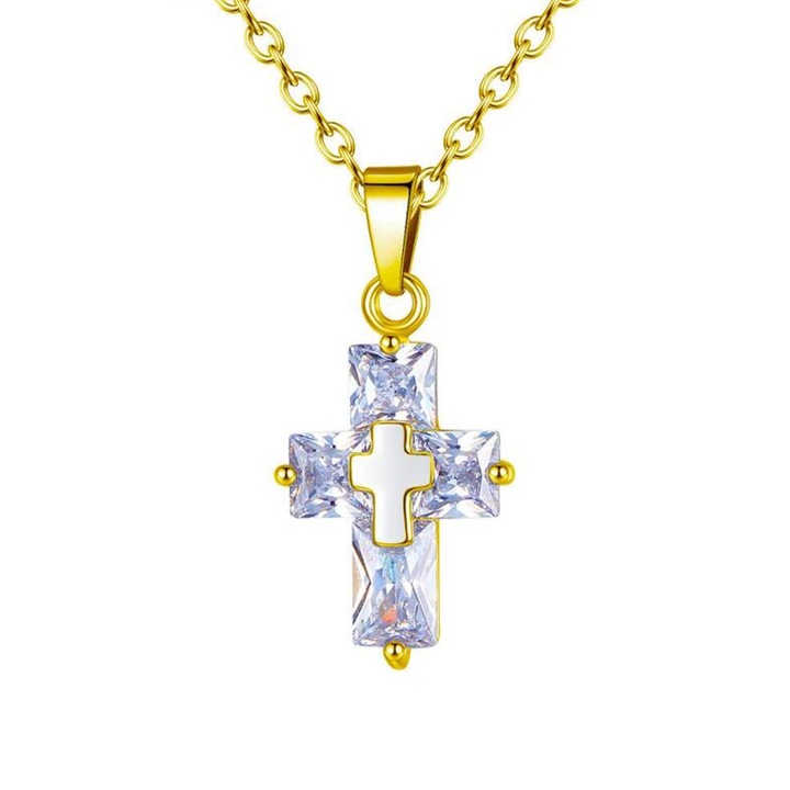 Lant dama, pandantiv cruce din cristal, model minimalist elegant, reglabil, auriu, EFAYN