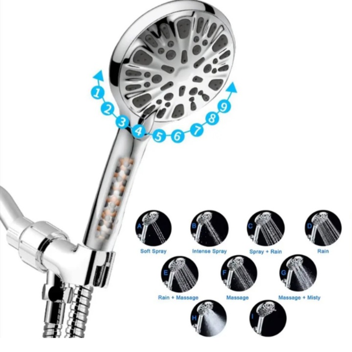 Cap Dus De Inalta Presiune, 9 Functii De Pulverizare, Filtru Cu Bile Minerale, Duze Antimicrobiene, Anti-infundare, Furtun Flexibil 1.5 m, Diametru 12 cm, Finisaj Cromat, Indeparteaza Clorul si Substantele Nocive