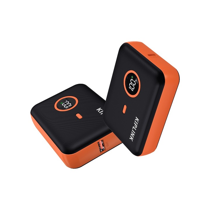 Külső akkumulátor digitális kijelzővel, KIPLINK, 10000mAh, 5W, fekete/narancs