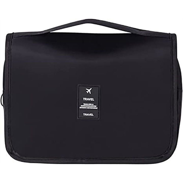 Geanta textila de voiaj pentru cosmetice, Tecos, 3 compartimente, dimensiuni 23* 18.5* 8.5 centimetri, cu agatatoare, negru