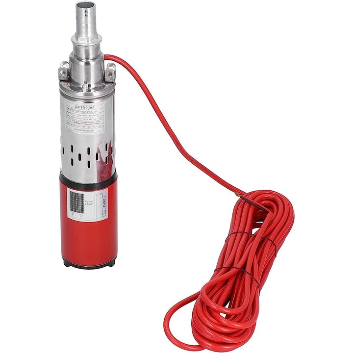 Потопяема водна помпа, 3/4, Дебит 1,5 м3/ч, Непрекъснат ток при 24V, 250W, Фотоволтаичен соларен панел / връзка на батерията, Червен