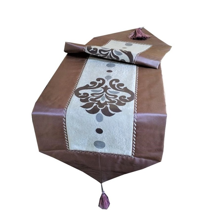 Set Traversa masa si 2 perne decorative Casa Bucuriei, model Eden, lila/gri deschis, doua fete, 35 x 115 cm, doua fete