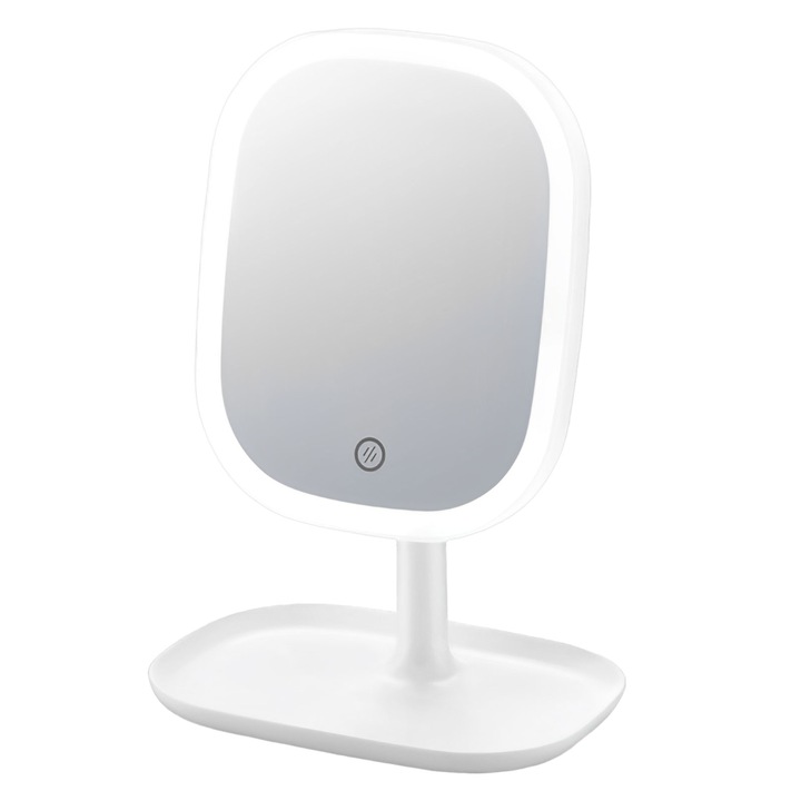 Огледало за грим с 30 LED светлини, Bliibee, 3 LED настройки, регулируем интензитет, сензорен превключвател, тава за съхранение, въртене на 180º, USB зареждане, бяло