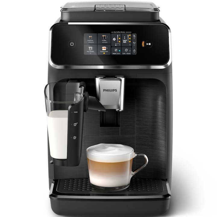 Кафеавтомат Philips series 2300, LatteGO, 4 напитки, Интуитивен сензорен екран, Технология SilentBrew, Приложение Coffee+, Керамична мелничка, Черен мат