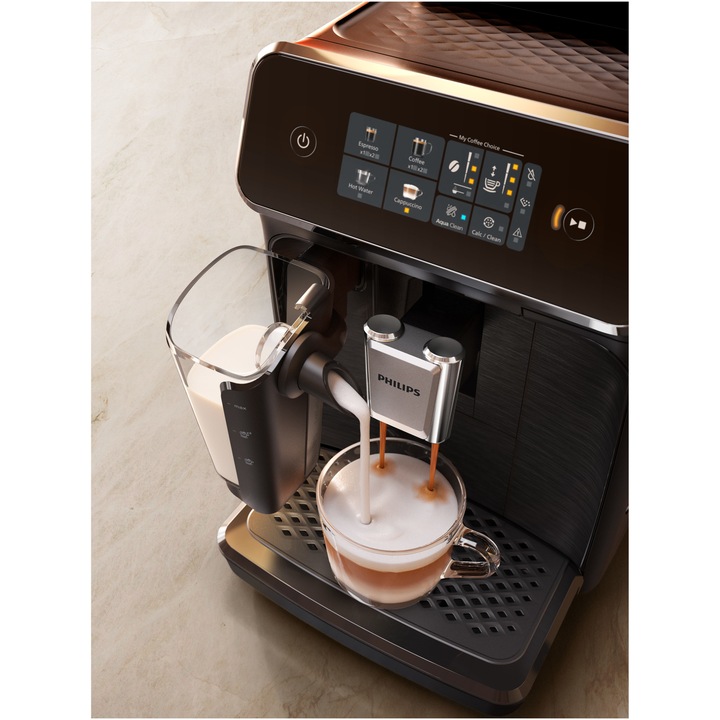 Espressor automat Philips seria 2300 EP2330/10, LatteGO, 4 tipuri de bauturi, ecran tactil intuitiv, Tehnologie noua SilentBrew, Aplicatie HomeID, rasnita ceramica, negru mat