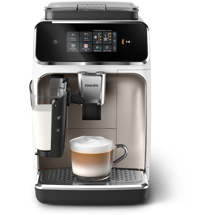 Кафеавтомат Philips Series 2300 EP2333/40, LatteGO, 4 вида напитки, Интуитивен сензорен екран, Технология SilentBrew, Приложение Coffee+, Керамична мелничка, Черен/Бял